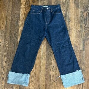 Zara Dark Indigo Blue Wide-Leg Cuffed Jeans